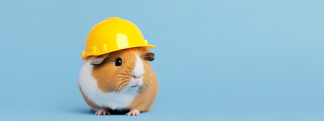 A guinea pig in a yellow builder's helmet on a pale blue background. Banner, place for text. AI generation