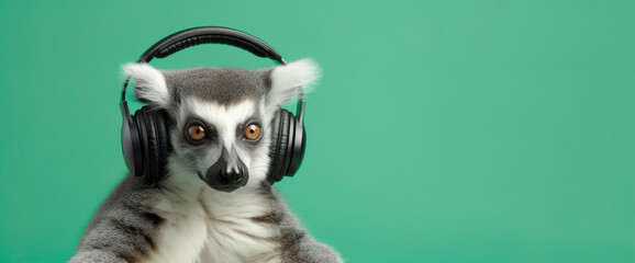 Lemur in headphones on a green background. Banner, empty space for text. AI generation