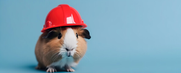 Guinea pig in a red builder's helmet on a pale blue background. Banner, place for text. AI generation - obrazy, fototapety, plakaty