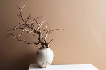 Generative AI. Dry branch of an old tree in round modern white vase against beige wall with copy space on background. Concept of natural beauty and home decor elements in apartment