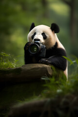 Obraz na płótnie Canvas panda in the forest. Camera. AI generated