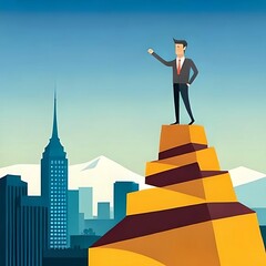 Empowering Business Success: The Concept of Vision, Motivation, Forecasting, and Challenges for Achieving Goals, Depicted by a Confident Businessman Climbing a Rising Graph