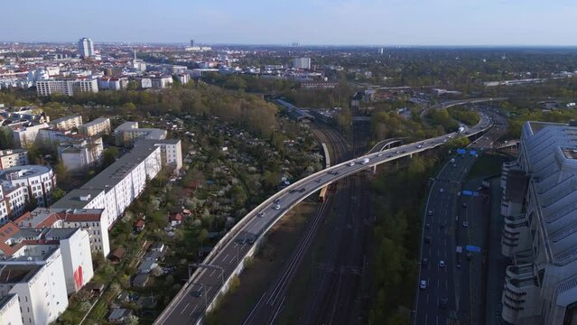 German city freeway junction in Berlin icc. Perfect aerial top view flight drone Generative AI