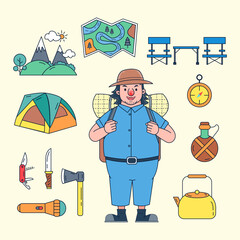 Character tourists with travel and hiking equipment such as maps, field chairs, tents, backpacks, sleeping bags, compasses, knives, axes, flashlights, flasks, kettles, scenery