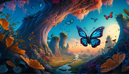 Fototapeta na wymiar A fairy world in a bright dawn and fairies on butterflies with a blue sky