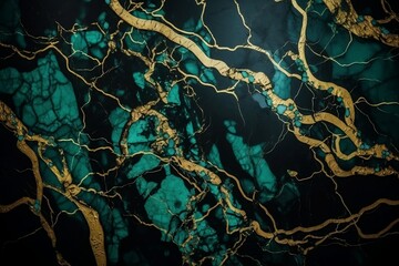 Obraz na płótnie Canvas Black marble green malachite background with golden texture, AI generated