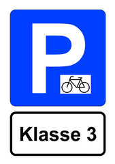 Illustration eines blauen Parkplatzschildes für Fahrräder mit der Aufschrift 
