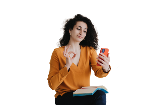 Amused curly hispanic woman shows ok gesture during video call sits on sofa against transparent background. Beautiful arabic female in orange sweater confirms that is everything is good. Success