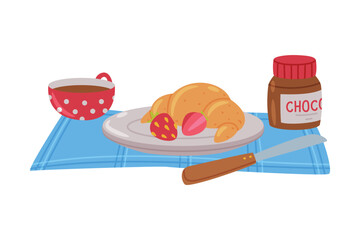 Croissant on Plate with Chocolate Paste and Cup with Coffee as Tasty Breakfast or Brunch with Typical Food Vector Illustration