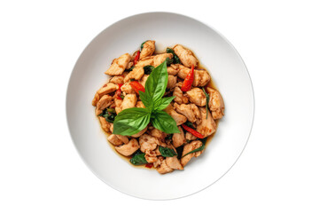 Pad Kra Pao Gai Stirfried Chicken With Basil On White Plate, Thai Dish. On An Isolated Transparent Background, Png. Generative AI - obrazy, fototapety, plakaty