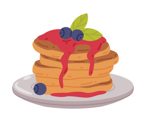 Pile of Pancakes with Jam and Berry on Top as Tasty Breakfast or Brunch with Typical Food Vector Illustration