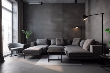interior background loft cosy living room sofa house pillow space couch contemporary. Generative AI. Generative AI