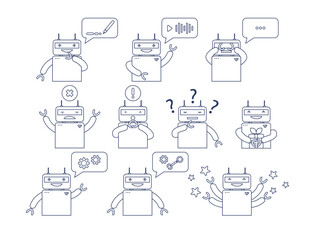 Cute chatbot outline vector illustrations set. Thin line icon of AI chat bubble robot for technology apps and websites on white background. Artificial intelligence, interface concept Generative AI