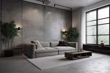 interior indoor concrete wall decor lamp comfortable light grey house home scandinavian stylish lifestyle. Generative AI. Generative AI