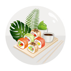 Sushi poster with uramaki and tropical plants. Vector illustration.