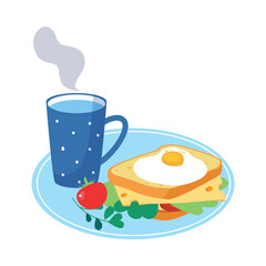 Sandwich with Scrambled Egg and Cheese and Mug with Hot Water as Tasty Breakfast or Brunch with Typical Food Vector Illustration