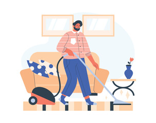 Man vacuuming carpet in living room, flat vector illustration isolated on white background.