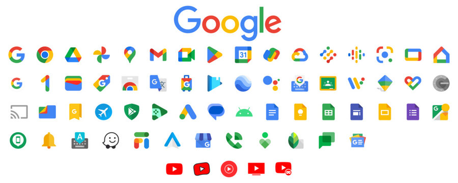 Google icons set.product icon on a white background.  gmail, pay, calendar, duo, keep, hangouts, trends, maps, play, meet, news, youtube, google wallet, on white background vecto