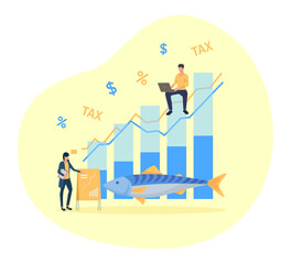 Fototapeta premium Tiny people with tax on salmon chart vector illustration. Cartoon drawing of big salmon and graphs, increasing tax on fish. Seafood industry, aquaculture, environment concept Generative AI
