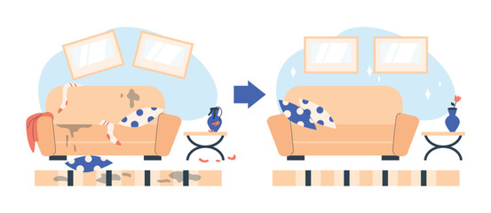 Living room with sofa before and after cleaning flat style