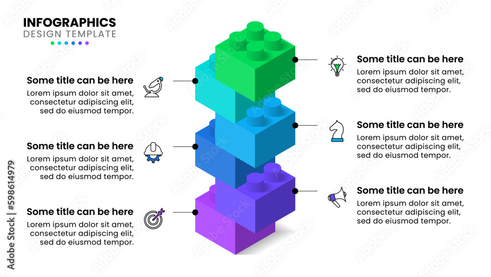 Poster infographic template. 6 building blocks with icons and text