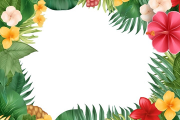 Summer Frame or Border with tropical palm leaves and flowers on white background generative AI