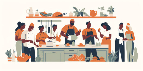 Friends laugh and chop veggies on a white background, while a chef teaches them to make gourmet meals. Flat style illustration. Generative AI.