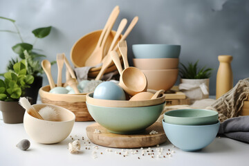 Fototapeta na wymiar eco dishes, eco-friendly handmade kitchenware, utensils. Generative AI