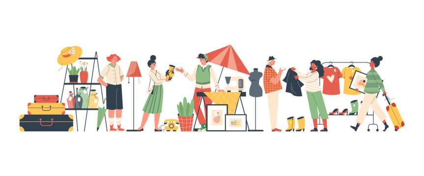 Flea market, customers and sellers characters flat style, vector illustration