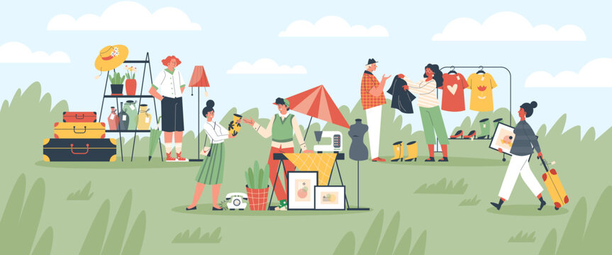 Flea market used goods background with people flat vector illustration.
