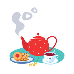 Steaming Teapot, Cookies on Plate and Cup with Coffee as Tasty Breakfast or Brunch with Typical Food Vector Illustration