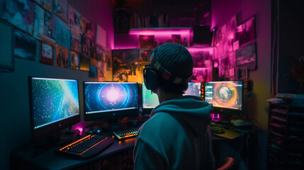 Colorful Gamer Setup: Young Man Enjoying Video Games in his Customized Room . Generative AI