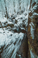 snowy mountain park with creek between rocks
