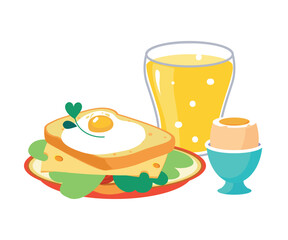 Sandwich with Scrambled Egg on Plate and Juice in Glass as Tasty Breakfast or Brunch with Typical Food Vector Illustration
