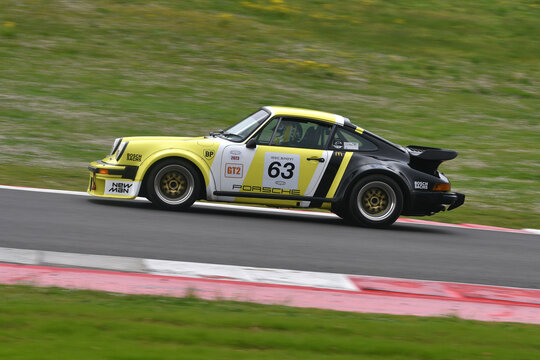 Scarperia, 2 April 2023: Porsche 930 Turbo in action during Mugello Classic 2023 at Mugello Circuit in Italy..