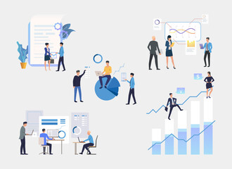 Business infographic process vector illustrations set. Office workers signing contract, making charts, presentations and diagrams, calculating data. Business, finance, infographic Generative AI