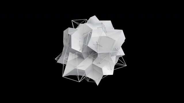 Abstract 3d white figure from triangles and grid. Abstract fractal geometric polygon or low poly background style. Looped animation on a transparent background.
