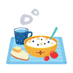 Porridge in Bowl, Bread with Butter and Mug with Hot Steaming Tea as Tasty Breakfast or Brunch with Typical Food Vector Illustration