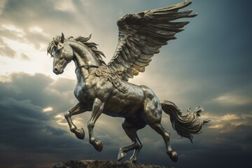 The mythological horse with wings soaring amid the heavens. Generative AI