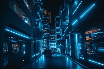 Nighttime urban landscape with futuristic architecture bathed in blue light. Generative AI