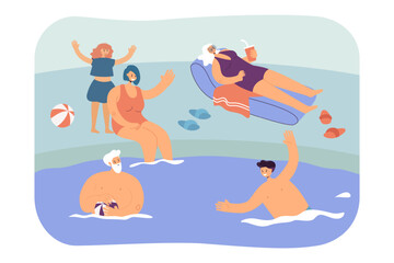 Family of three generations spending time together in pool. Father swimming with grandfather, grandmother sunbathing, happy mother, daughter vector illustration. Family, summer, senior Generative AI