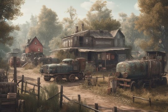 Painting of a rural community with farm equipment, trailers and adorable animals. Generative AI