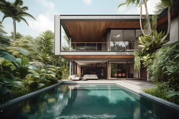 Modern future luxury tropical villa with a swimming pool. Generative AI