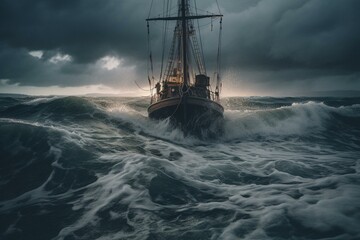 A ship from the past struggles in a furious sea. Generative AI