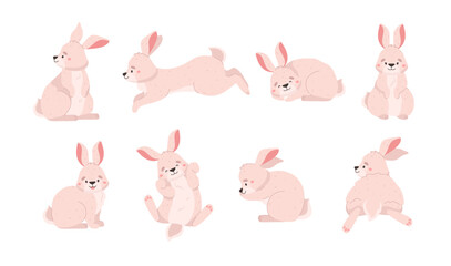 Set of cute rabbits in different poses, cartoon flat vector illustration isolated on white background.