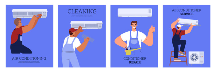 Air conditioner maintenance service advertising banners set, flat vector illustration.