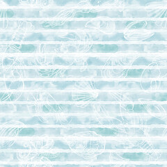  Sea food, delicacies. Seamless vector pattern on blue watercolor background.  Perfect for wallpaper, wrapping, fabric and textile.