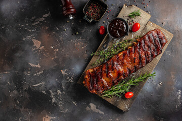 Spicy rack of spare ribs with marinade on a wooden board, banner, menu, recipe place for text, top...