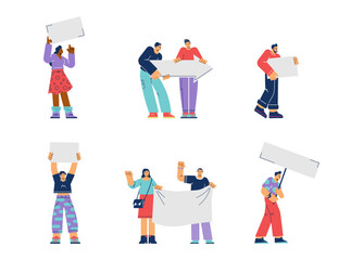 Set of people holding various signs with copy space for text flat style
