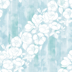 Seamless vector pattern with  flowers on blue watercolor background. Art floral background. Perfect for design templates, wallpaper, wrapping, fabric and textile.